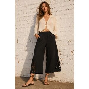 Fenini Black Linen Eyelet‎ Insert Wide Leg Cropped Pants Lagenlook Boho XS